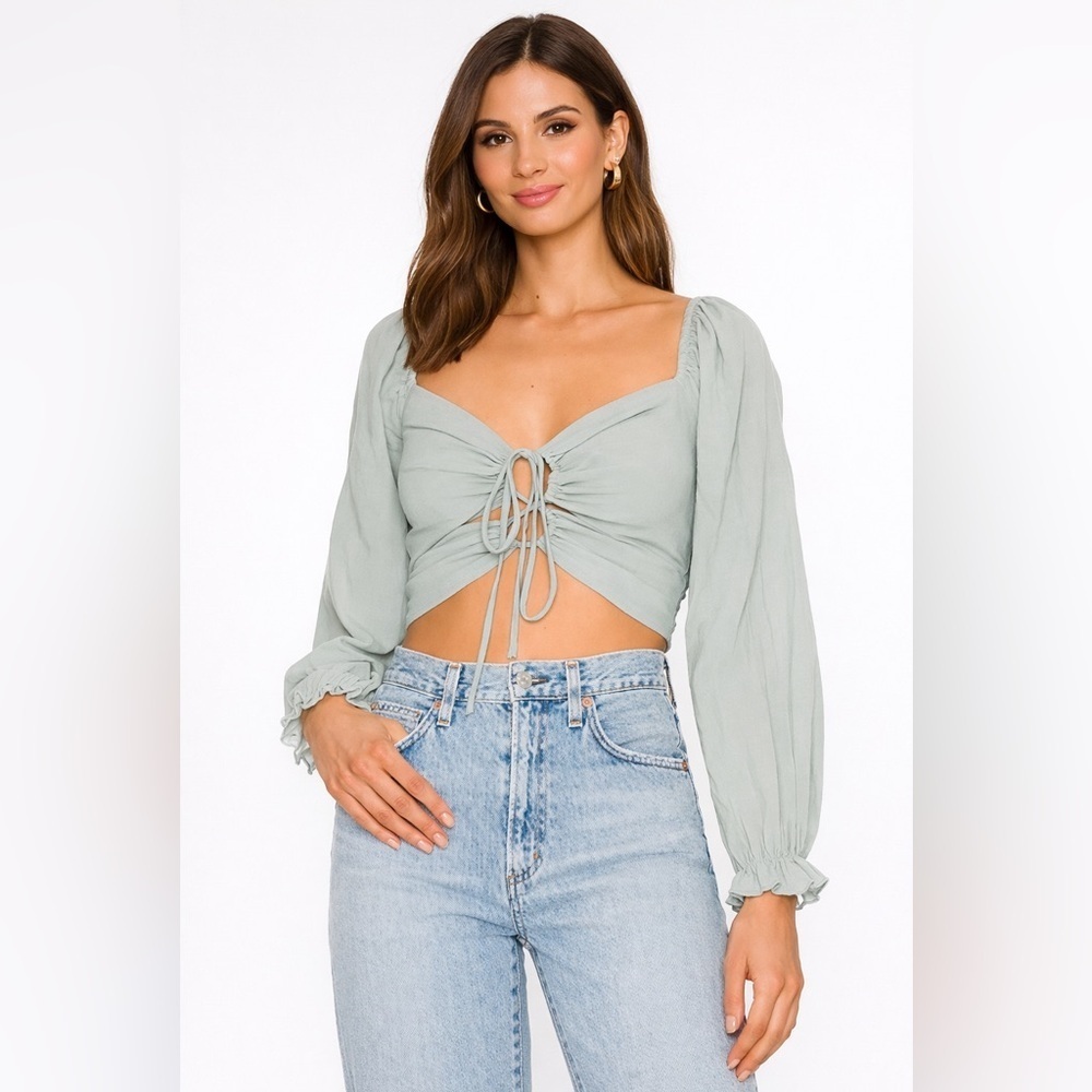 ASTR the Label Fremont Dusty Blue Tie-Front Cropped Top